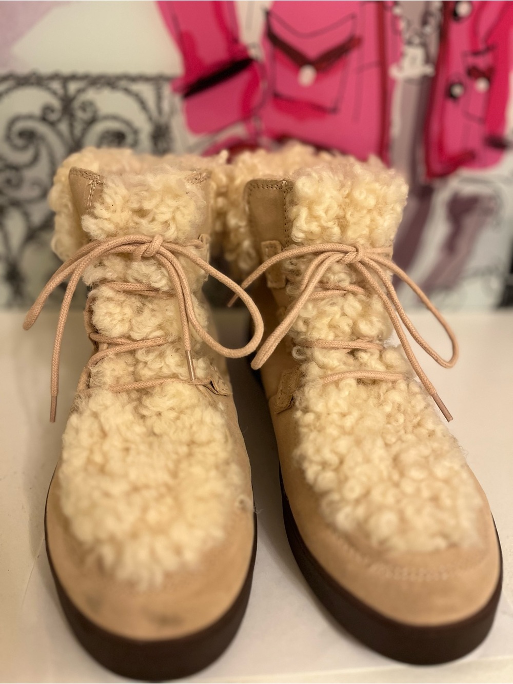 Vionic Suede Shearling Lace-Up Ankle Boots - Women’s Size 9